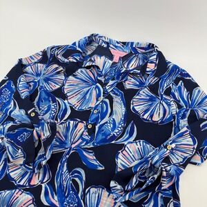 Lilly Pulitzer Everglades Top Navy Blue Pink Fish Print Blouse XS